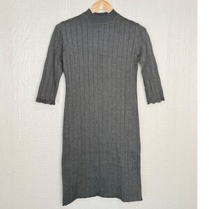Love Olive Co Gray Ribbed Mock Neck Midi Sweater Dress Scalloped Cuff XS/S New
